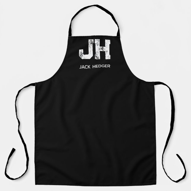 MINIMALIST WHITE TWO LETTER MONOGRAM NAME BLACK APRON (Front)