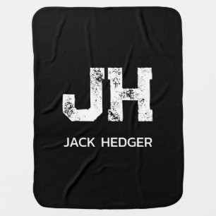 MINIMALIST WHITE TWO LETTER MONOGRAM NAME BLACK BABY BLANKET