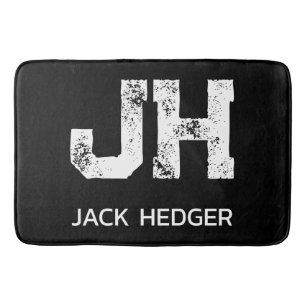 MINIMALIST WHITE TWO LETTER MONOGRAM NAME BLACK BATH MAT