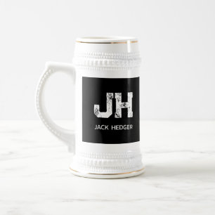 MINIMALIST WHITE TWO LETTER MONOGRAM NAME BLACK BEER STEIN