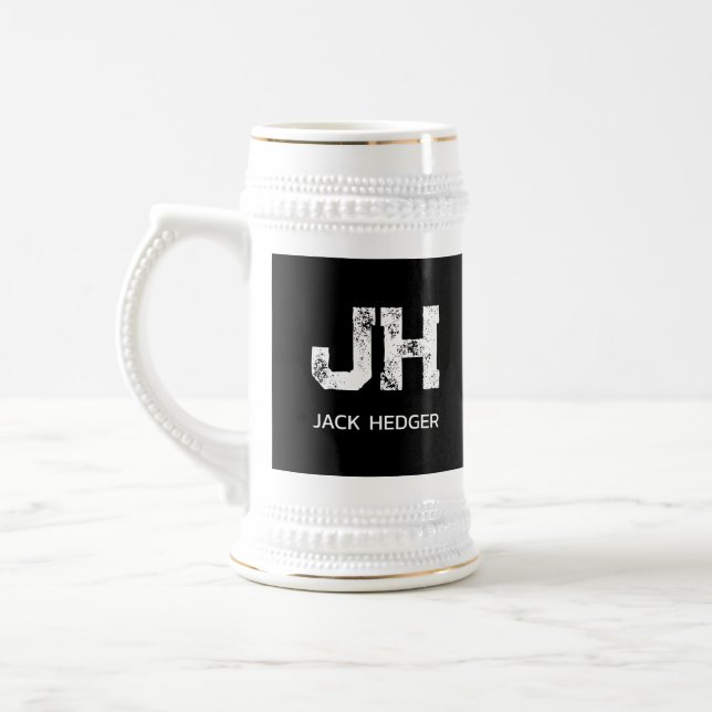 MINIMALIST WHITE TWO LETTER MONOGRAM NAME BLACK BEER STEIN (Left)