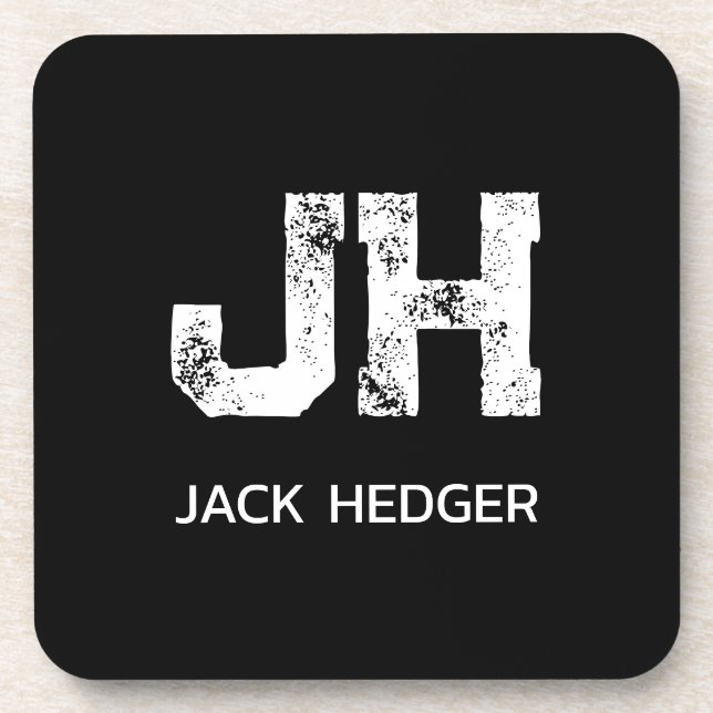 MINIMALIST WHITE TWO LETTER MONOGRAM NAME BLACK BEVERAGE COASTER (Front)