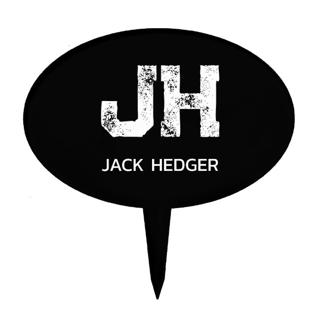 MINIMALIST WHITE TWO LETTER MONOGRAM NAME BLACK CAKE TOPPER (Front)