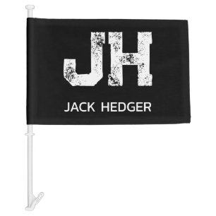 MINIMALIST WHITE TWO LETTER MONOGRAM NAME BLACK CAR FLAG