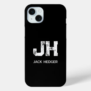 MINIMALIST WHITE TWO LETTER MONOGRAM NAME BLACK iPhone 15 PLUS CASE