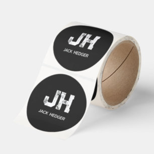 MINIMALIST WHITE TWO LETTER MONOGRAM NAME BLACK CLASSIC ROUND STICKER