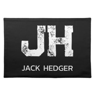 MINIMALIST WHITE TWO LETTER MONOGRAM NAME BLACK  CLOTH PLACEMAT