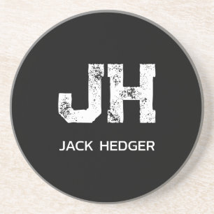 MINIMALIST WHITE TWO LETTER MONOGRAM NAME BLACK COASTER