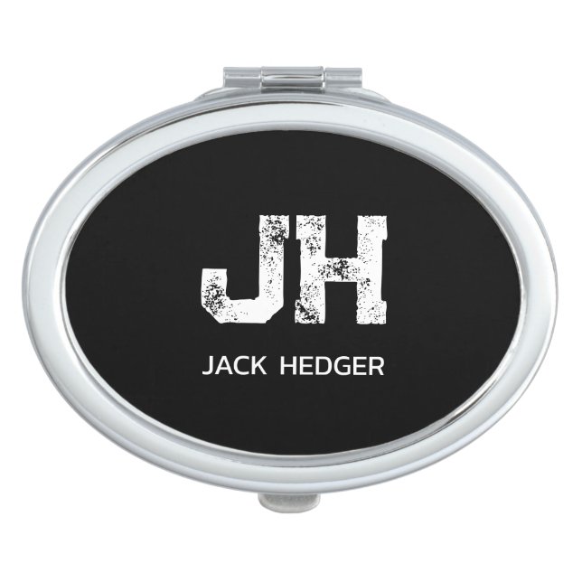 MINIMALIST WHITE TWO LETTER MONOGRAM NAME BLACK COMPACT MIRROR (Front)