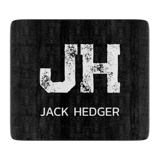 MINIMALIST WHITE TWO LETTER MONOGRAM NAME BLACK CUTTING BOARD (Front)