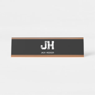 MINIMALIST WHITE TWO LETTER MONOGRAM NAME BLACK DESK NAME PLATE