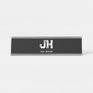 MINIMALIST WHITE TWO LETTER MONOGRAM NAME BLACK DESK NAME PLATE