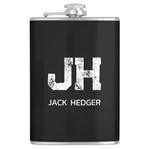 MINIMALIST WHITE TWO LETTER MONOGRAM NAME BLACK FLASK