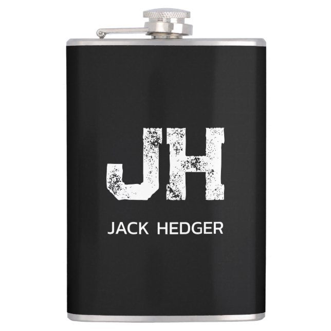 MINIMALIST WHITE TWO LETTER MONOGRAM NAME BLACK FLASK (Front)