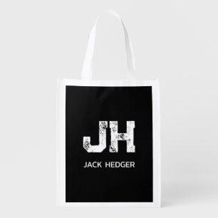 MINIMALIST WHITE TWO LETTER MONOGRAM NAME BLACK GROCERY BAG