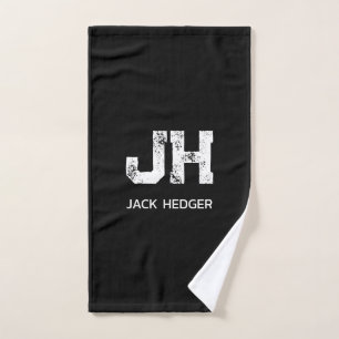 MINIMALIST WHITE TWO LETTER MONOGRAM NAME BLACK  HAND TOWEL 