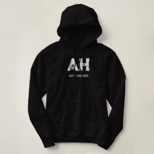 MINIMALIST WHITE TWO LETTER MONOGRAM NAME BLACK HOODIE