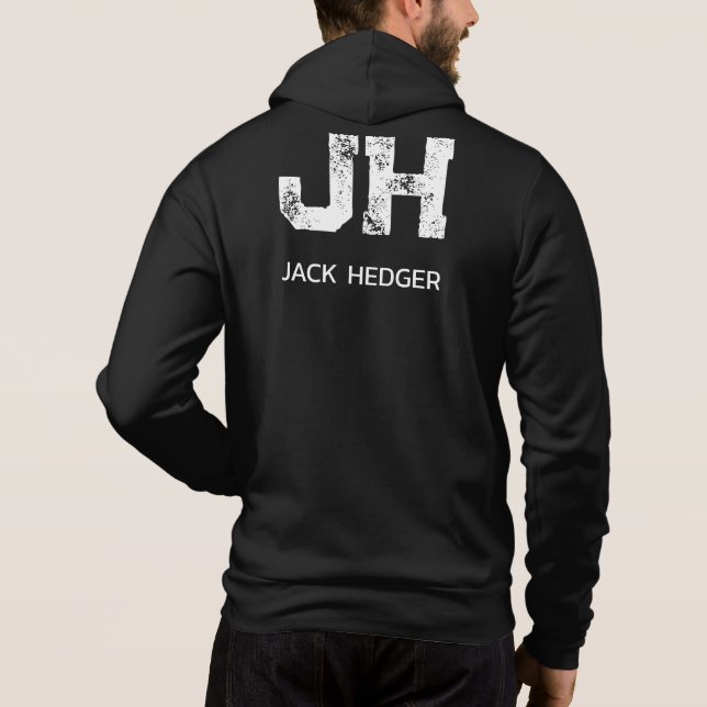 MINIMALIST WHITE TWO LETTER MONOGRAM NAME BLACK HOODIE (Back)