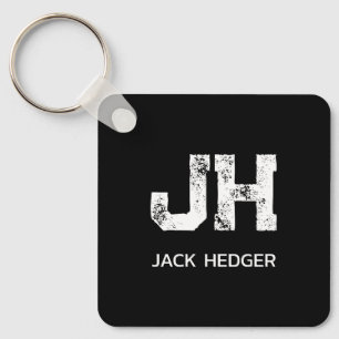 MINIMALIST WHITE TWO LETTER MONOGRAM NAME BLACK  KEYCHAIN