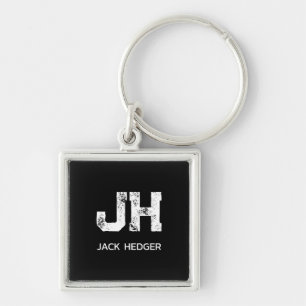 MINIMALIST WHITE TWO LETTER MONOGRAM NAME BLACK KEYCHAIN