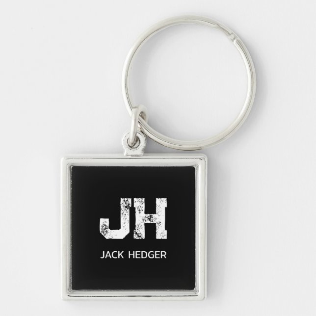MINIMALIST WHITE TWO LETTER MONOGRAM NAME BLACK  KEYCHAIN (Front)