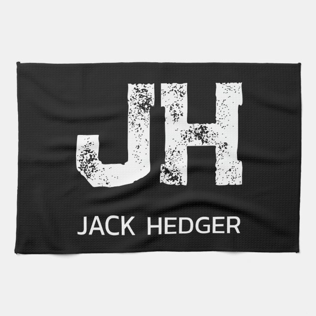 MINIMALIST WHITE TWO LETTER MONOGRAM NAME BLACK  KITCHEN TOWEL (Horizontal)