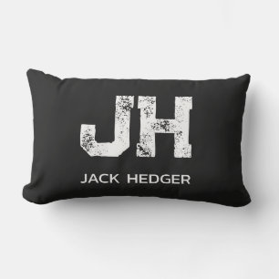 MINIMALIST WHITE TWO LETTER MONOGRAM NAME BLACK LUMBAR PILLOW