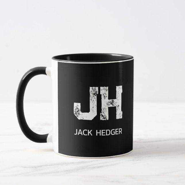 MINIMALIST WHITE TWO LETTER MONOGRAM NAME BLACK MUG (Left)