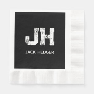 MINIMALIST WHITE TWO LETTER MONOGRAM NAME BLACK NAPKINS