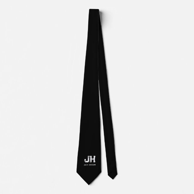 MINIMALIST WHITE TWO LETTER MONOGRAM NAME BLACK  NECK TIE (Front)