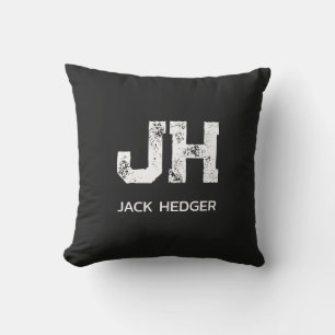 MINIMALIST WHITE TWO LETTER MONOGRAM NAME BLACK OUTDOOR PILLOW