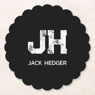MINIMALIST WHITE TWO LETTER MONOGRAM NAME BLACK PAPER COASTER