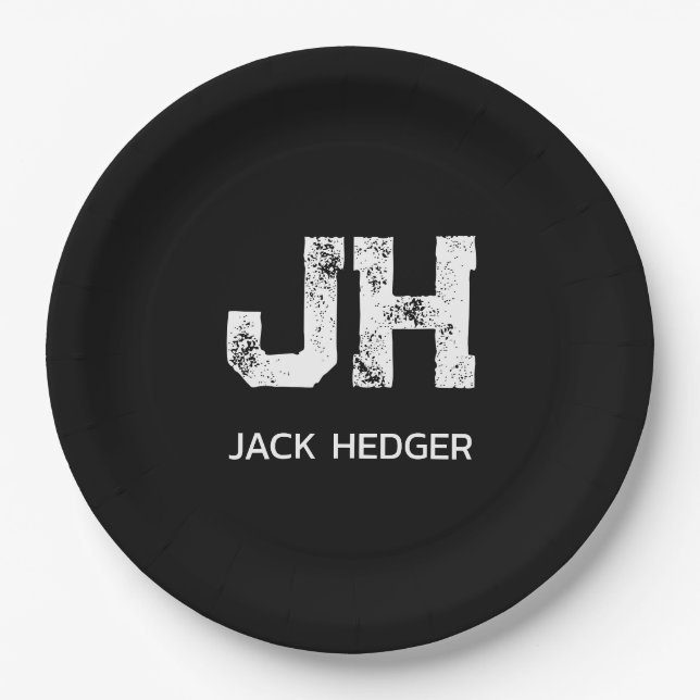 MINIMALIST WHITE TWO LETTER MONOGRAM NAME BLACK PAPER PLATES (Front)