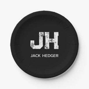 MINIMALIST WHITE TWO LETTER MONOGRAM NAME BLACK PAPER PLATES