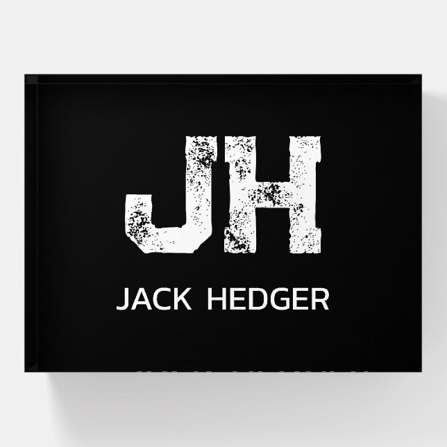 MINIMALIST WHITE TWO LETTER MONOGRAM NAME BLACK  PAPERWEIGHT (Front)