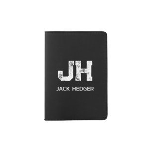 MINIMALIST WHITE TWO LETTER MONOGRAM NAME BLACK  PASSPORT HOLDER