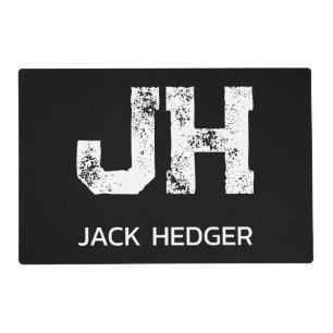 MINIMALIST WHITE TWO LETTER MONOGRAM NAME BLACK  PLACEMAT