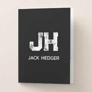 MINIMALIST WHITE TWO LETTER MONOGRAM NAME BLACK  POCKET FOLDER