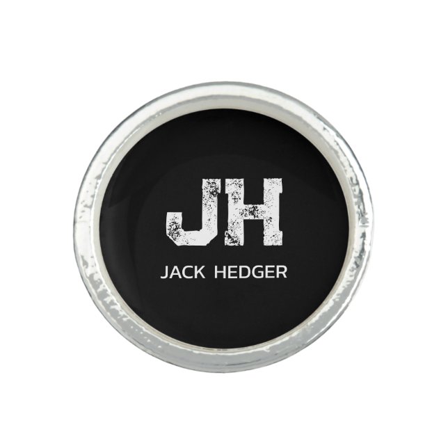 MINIMALIST WHITE TWO LETTER MONOGRAM NAME BLACK  RING (Front)
