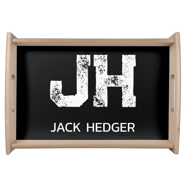 MINIMALIST WHITE TWO LETTER MONOGRAM NAME BLACK SERVING TRAY (Front)