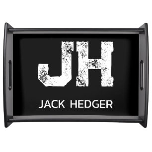 MINIMALIST WHITE TWO LETTER MONOGRAM NAME BLACK SERVING TRAY