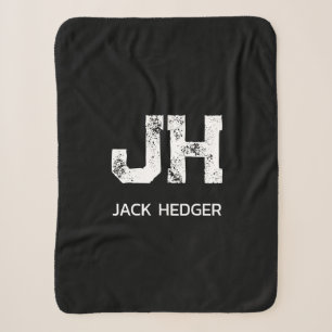 MINIMALIST WHITE TWO LETTER MONOGRAM NAME BLACK SHERPA BLANKET