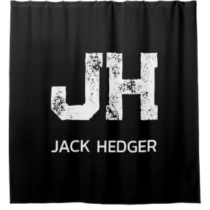 MINIMALIST WHITE TWO LETTER MONOGRAM NAME BLACK  SHOWER CURTAIN
