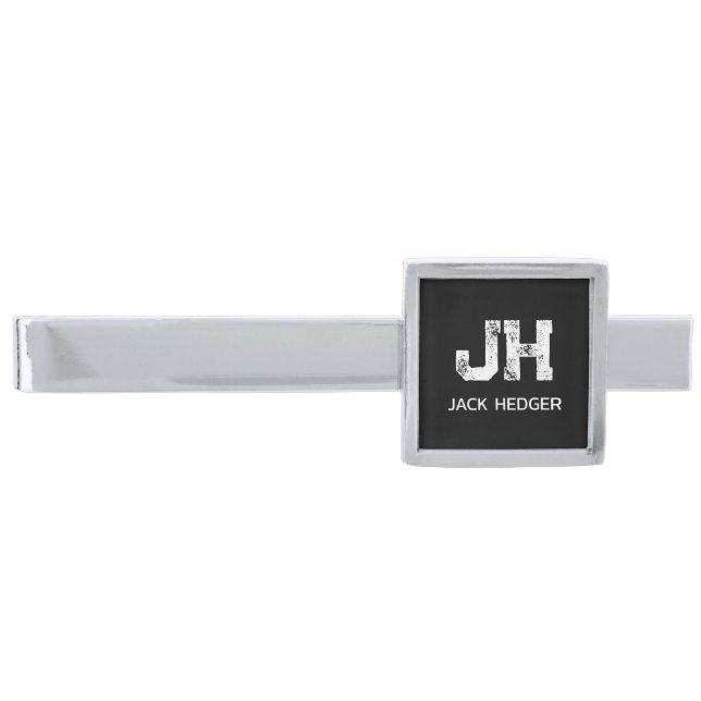 MINIMALIST WHITE TWO LETTER MONOGRAM NAME BLACK  SILVER FINISH TIE BAR (Front)