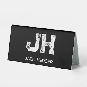 MINIMALIST WHITE TWO LETTER MONOGRAM NAME BLACK TABLE TENT