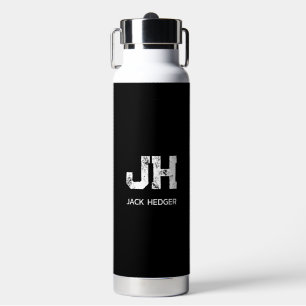 MINIMALIST WHITE TWO LETTER MONOGRAM NAME BLACK WATER BOTTLE