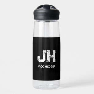 MINIMALIST WHITE TWO LETTER MONOGRAM NAME BLACK WATER BOTTLE