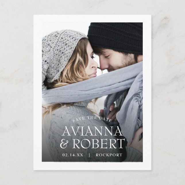 Minimalist White Typography Photo Save the Date Announcement Postcard (Front)