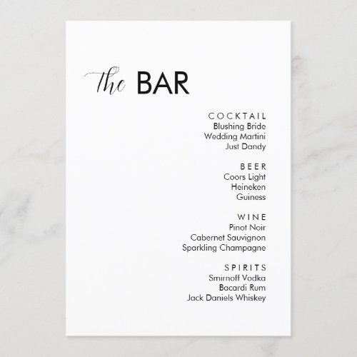 Minimalist White Wedding Drinks Bar Menu