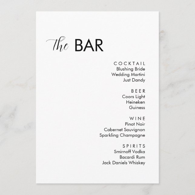 Minimalist White Wedding Drinks Bar Menu (Front)